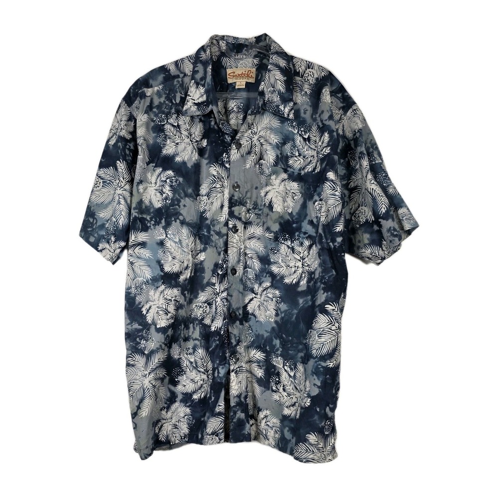 Santiki Men's Short Sleeve Shirt Blue Palm Tree Print Large